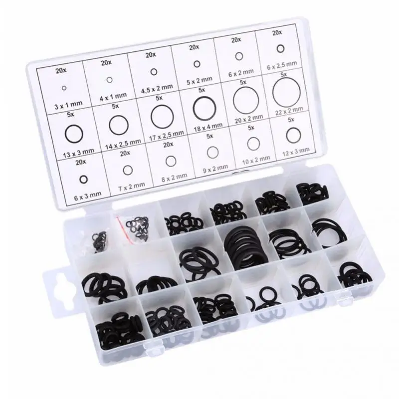 

Silicone 18 Sizes 225pcs/set Rubber O Ring Washer Seals Gasket Assortment Black for Car with plastic box Circlip Rubber Washer