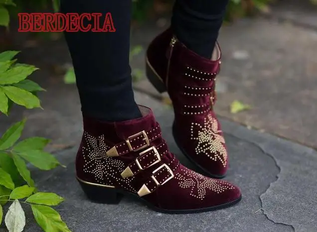 Newest Burgundy Velvet Women Ankle Boots Fashion Studded Flowers Ladies Buckle Boots Sexy Point Toe Female Knight Boots Med Heel