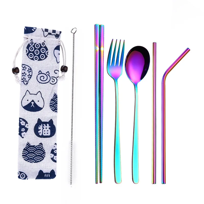 

Portable Dinnerware Set Stainless Steel Cutlery Set Fork Spoon Chopsticks Straw Set With Cloth Bag Travel Tableware