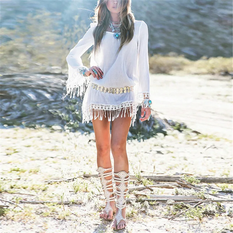 ZANZEA 2017 Summer Women Boho Tassel Lace Dress Sexy Crochet Tunic Beach Party Dresses Black White Chiffion Vestidos Plus Size 15