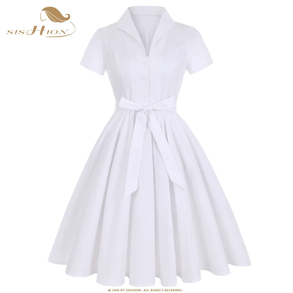 Pure White SD0002 SISHION летнее женское белое платье с коротким рукавом SD0002 Хлопок размера плюс 4XL большие качели 50s ретро рокабилли винтажное платье - Цвет: Pure White SD0002