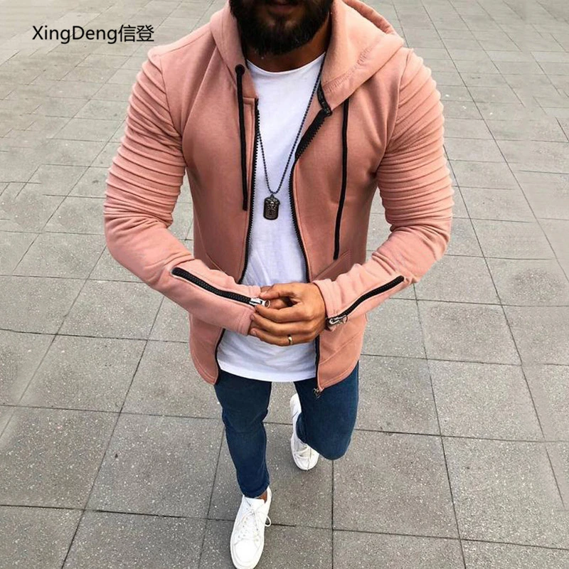 

XingDeng Explosive zipper hooded men's jacket cardigan male sweater pleated long-sleeved hooded men's top coat plus 5XL