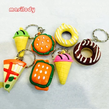 

100pcs/Lot 3D Food Key Ring Hamburger Donut Ice Cream Pizza Keychain Cute Cartoon Key chain Toys Gift KeyRing