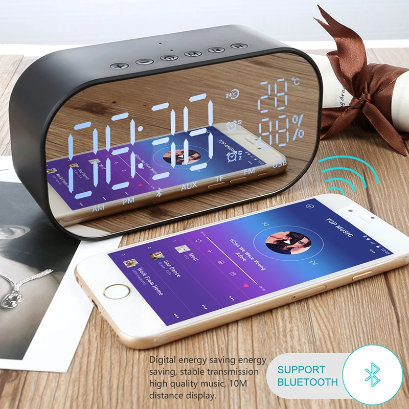 LED Spiegel Display Wekker met FM Radio Draadloze Bluetooth Speaker