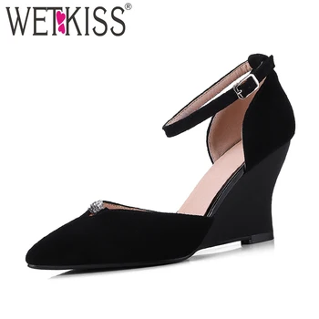 

WETKISS 2018 Big Size Pointed Toe Wedges Crystal Buckle Syrap Footwear High Heels Women Sandals Brand Summer Fashion Ladies Shoe