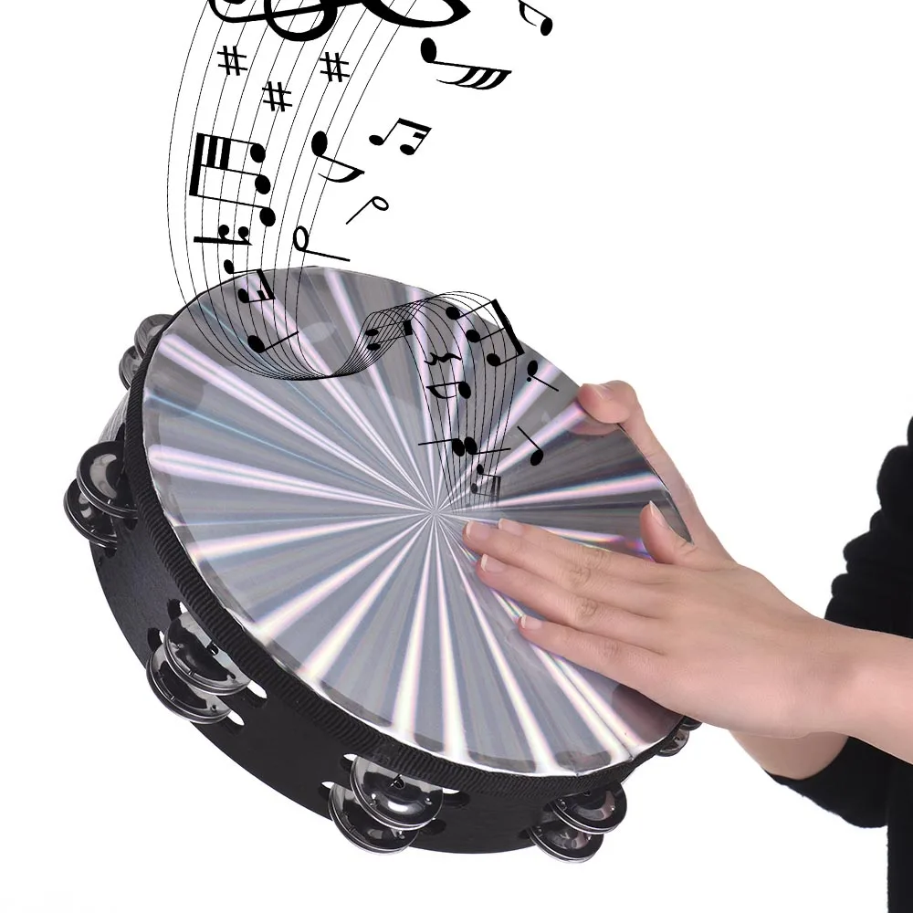 

8Inch Wooden Radiant Tambourine Handbell Hand Drum with Double Row Jingles Reflective Drum Head Percussion Instrument MusicalToy