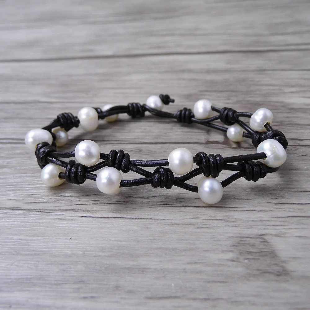 

Boho wrap Pearl Leather bracelet Pearl wrap bracelet Single wrap Bracelet Real Pearl Jewelry yoga jewelry