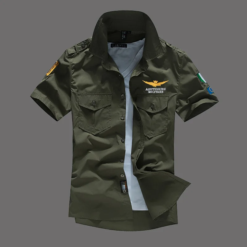 New 6XL Military Men's Short Sleeve Shirts Summer Fashion Embroidered High Quality Cotton Air Force