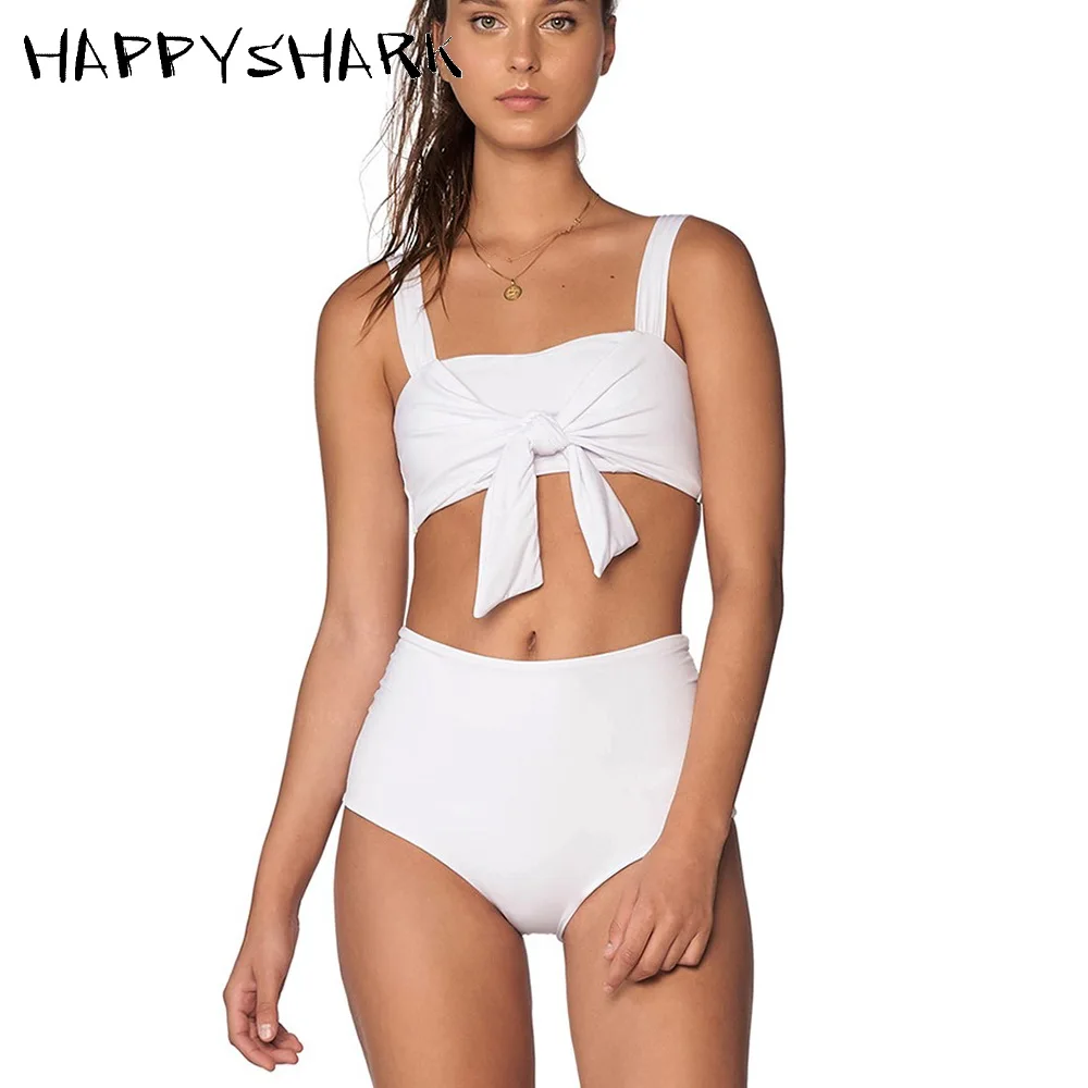 

HAPPYSHARK Buckle High Waist Swimsuit 2019 New Hollow Out White Bikinis Butterfly Tie Biquinis Stripe Swimwear Summer Beachwear