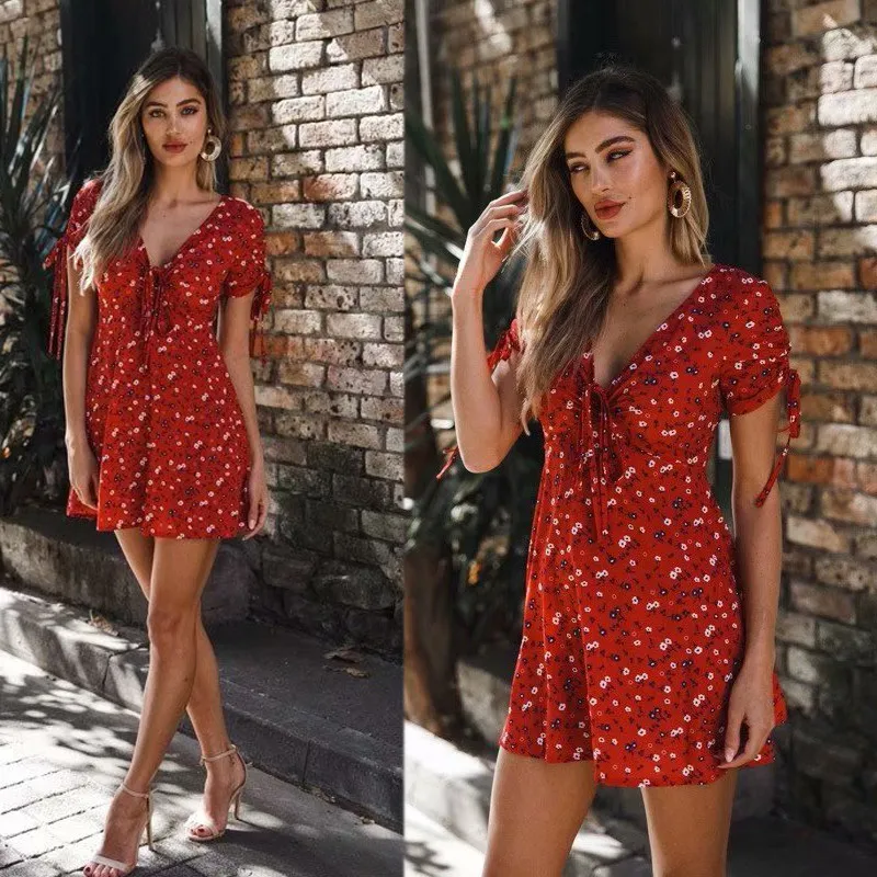 yinlinhe Floral Summer Dress Short Sleeve Slim Waist V neck Sexy Lace Up Beach Dress Women Office Elegant Vestidos