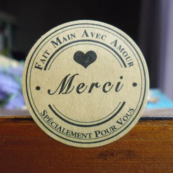 

120Pcs French Merci Love Heart Handmade Cake Packaging Sealing Label Kraft Sticker Baking DIY Work Gift Box Round Stickers M1211