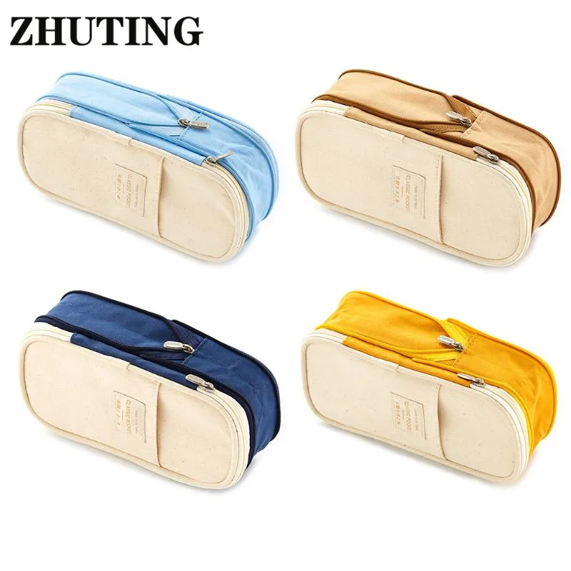 

Korea Pencil Case Macaron Color Canvas Stretch Double Layer Large Capacity Pencil Box Pencilcase Kids School Stationery