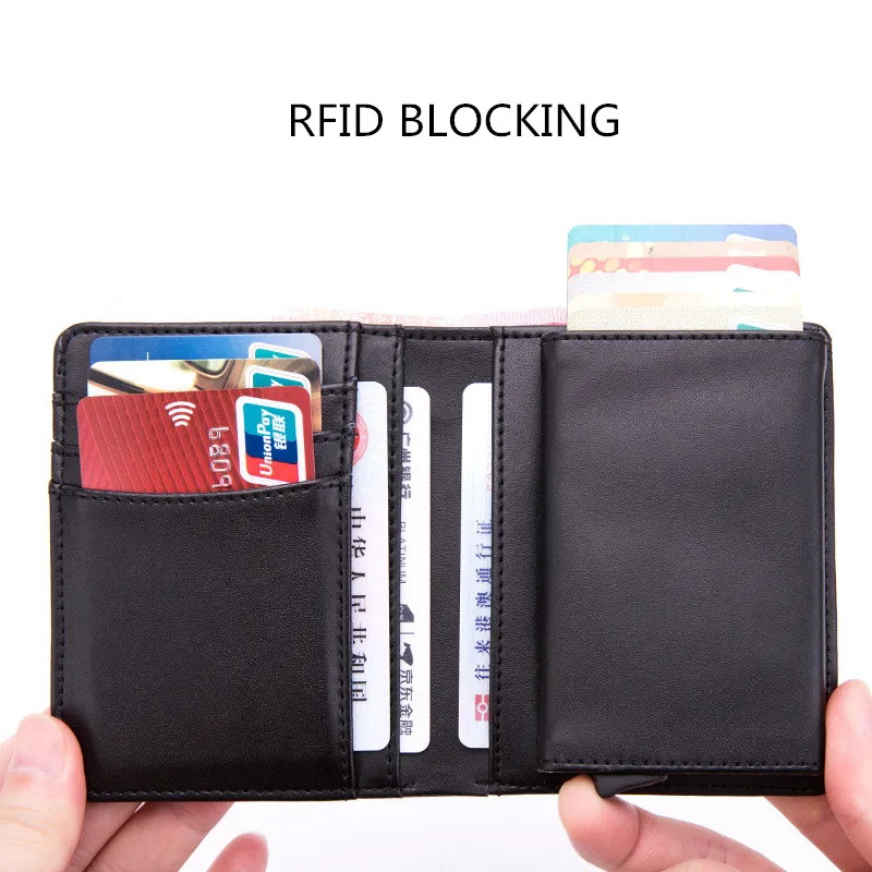 

2019 New Genuine Leather Men Wallet RFID Blocking Metal Case ID Card Holder Mini Wallet Automatic Credit Card Coin Purse