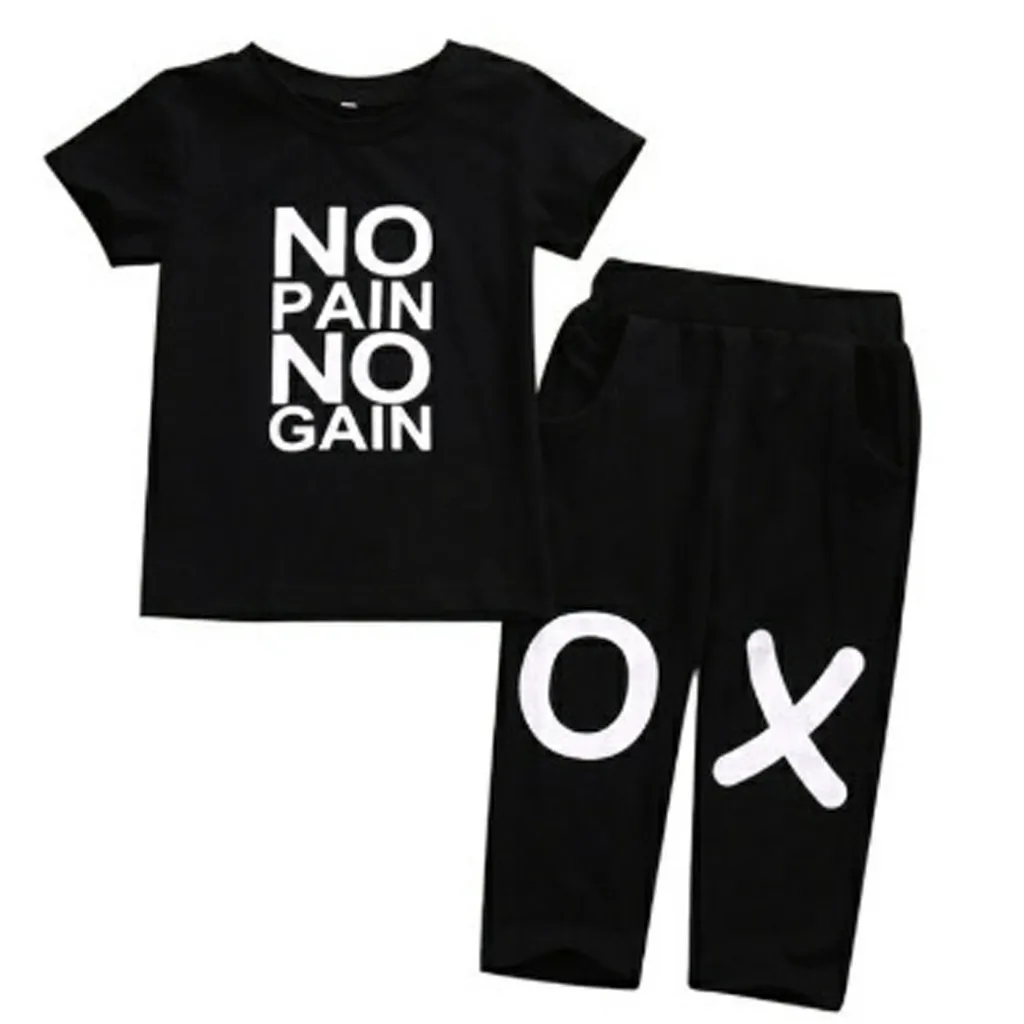 Cool Baby Boy Kids Clothes No Pain No Gain Print Tops T-shirt Short Sleeve+ Pants Casual 2pcs Outfits Set Summer Kids Clothing