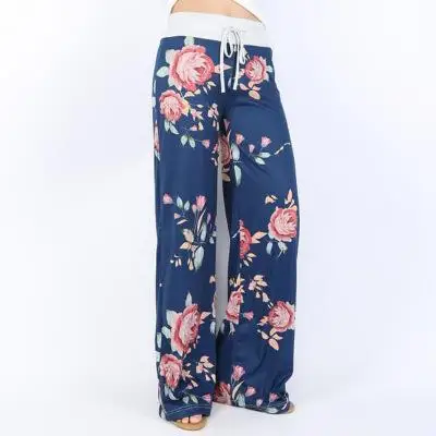 Повседневные Прямые длинные пляжные брюки с широкими штанинами размера плюс 3XL женские брюки 29 цветов с богемным принтом и эластичной резинкой на талии - Цвет: 0447-blue