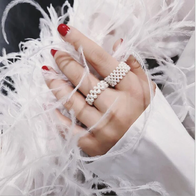 

MENGJIQIAO 2019 New Korean Style Simple Elegant Multilayer Elastic Simulated Pearl Rings For Women Hands Jewelry Party Ring Gift