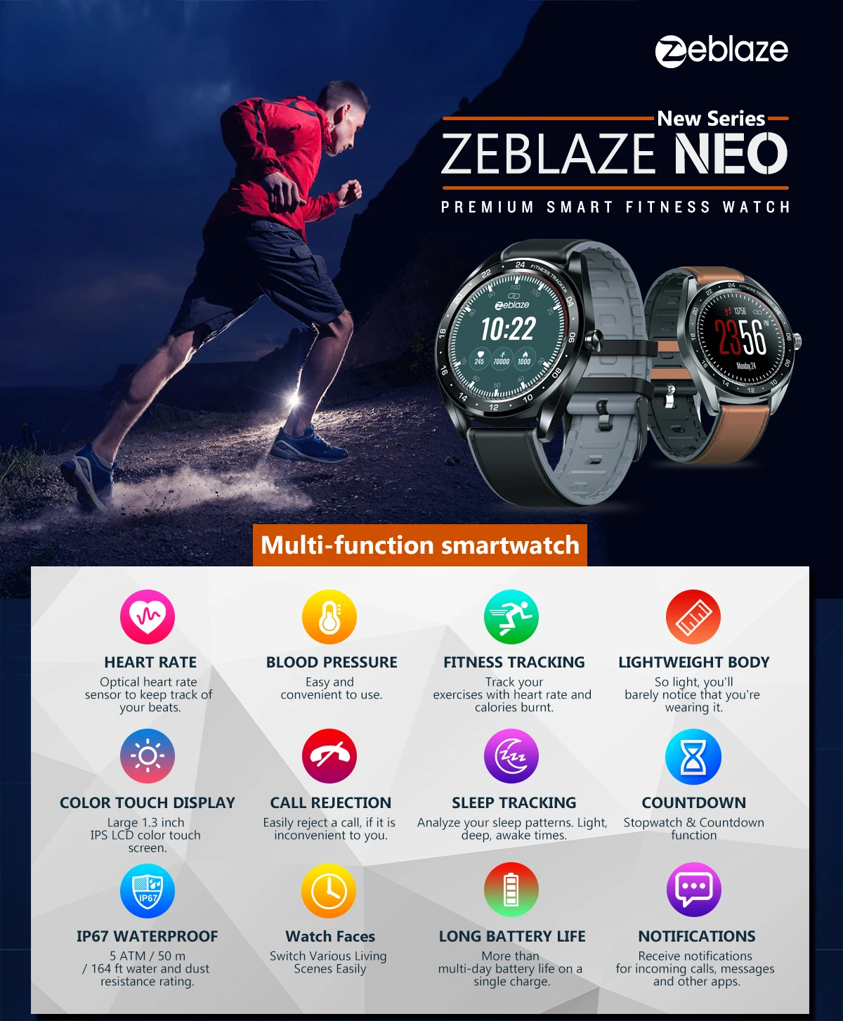 Original Zeblaze NEO IP67 Waterproof 1.3" IPS Color touch display Heart Rate Monitor All-day Tracking Sports Smartwatch neo