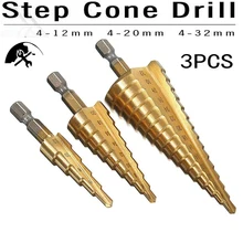 3Pcs Step Drill Bit Pagoda Shape Hole Cutter 4-12/20/32mm HSS Steel Cone Drill Bit Set