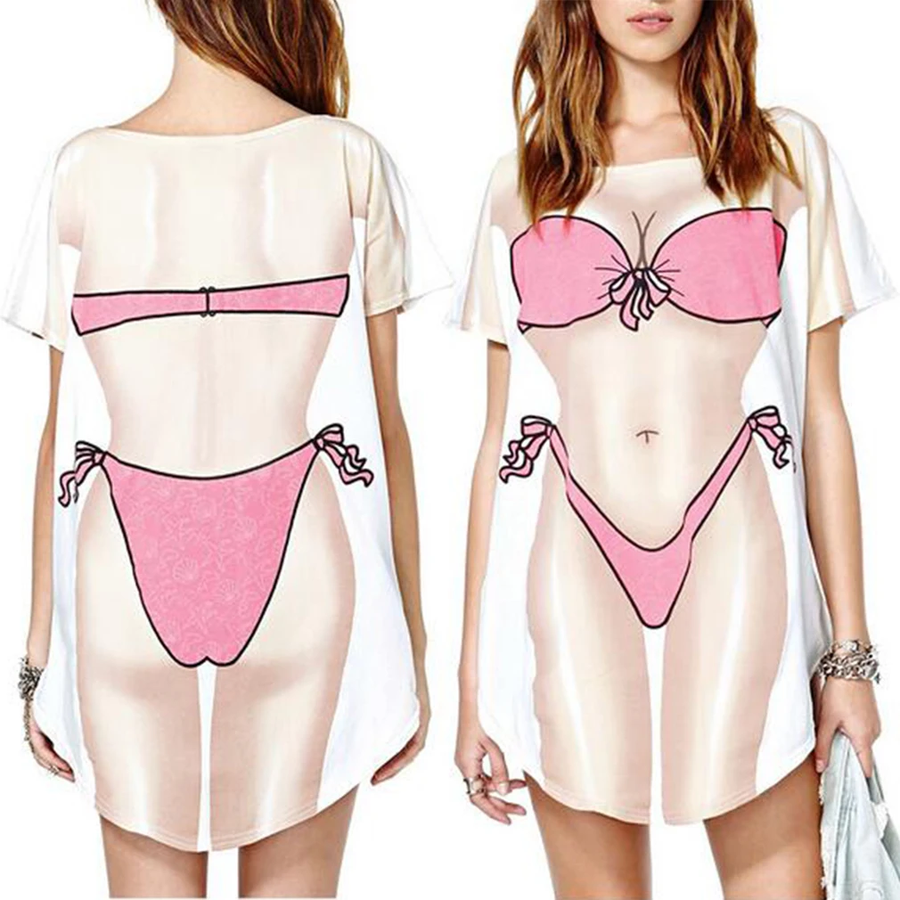

One piece Stylish Funny Bikini wear Printed Dress summer Beaches Fancy T-Shirt Dress Women's one piece casual loose dress