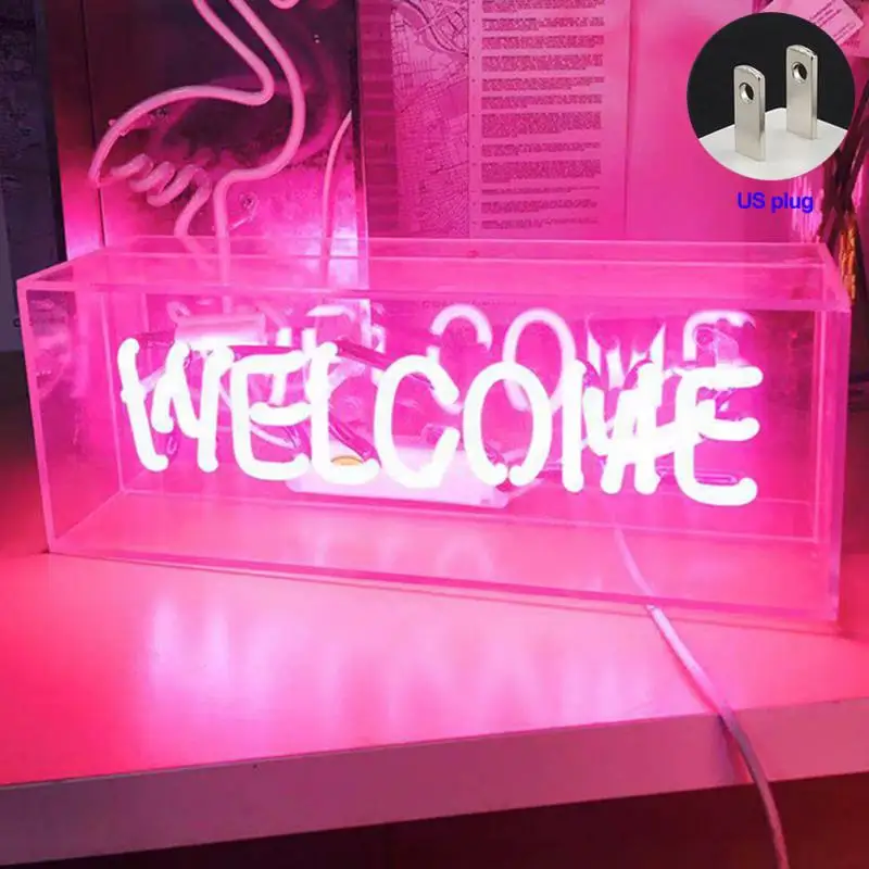 Desktop Neon Lamp Lounge Welcome Bar Hello Kisses yellow/pink light Indoor club bedroom wedding decor Neon Lights US Plug lamp - Испускаемый цвет: Clear Box   PINK