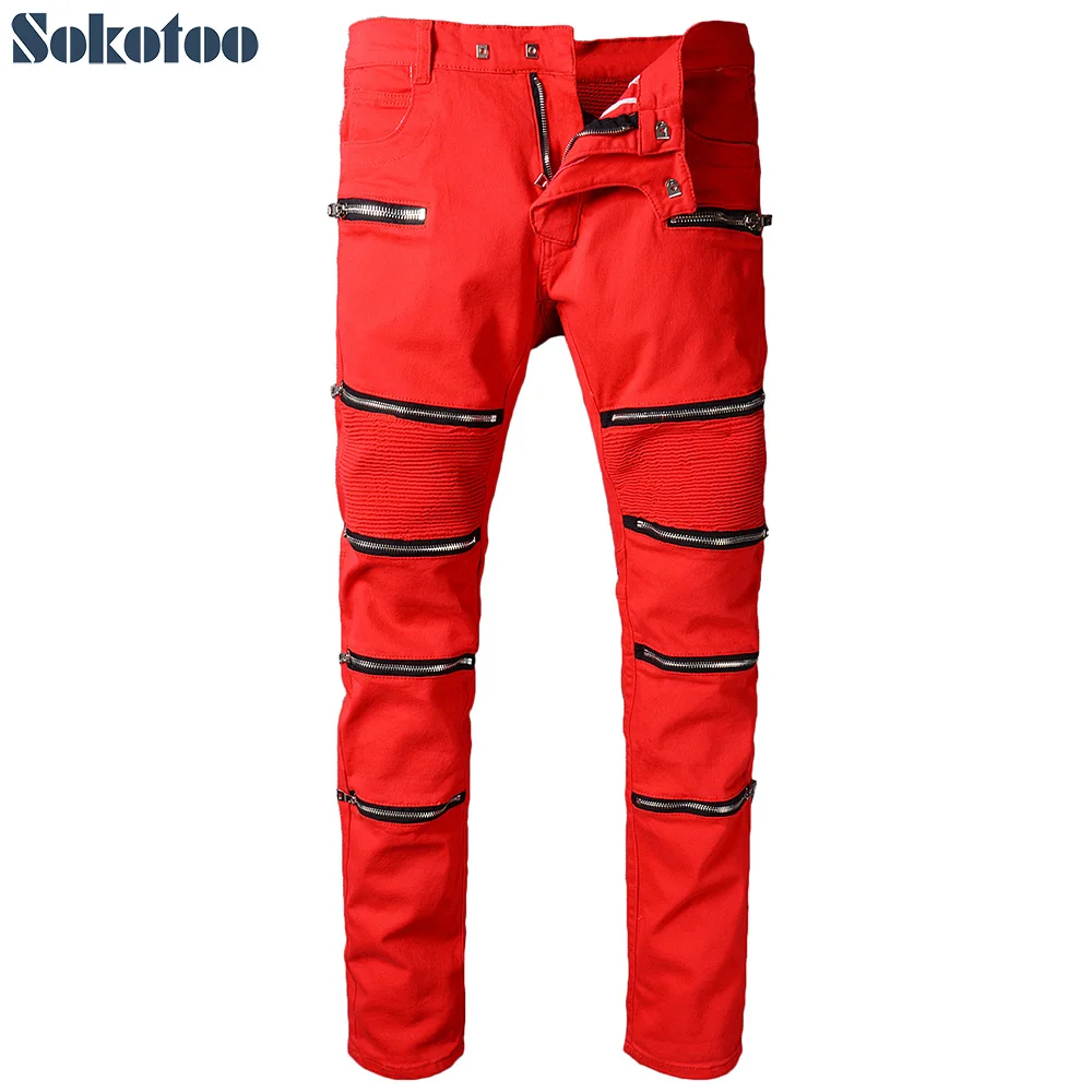 Sokotoo Men's red zippers pleated biker jeans for motorcycle Casual