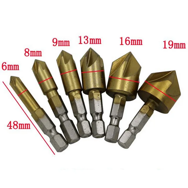 

3/6pcs 5 Flute Chamfer Countersink 1/4" Hex Shank HSS 90 Degree Chamfering Cutter Chamfer 6mm-19mm Countersink Drill Bit A36