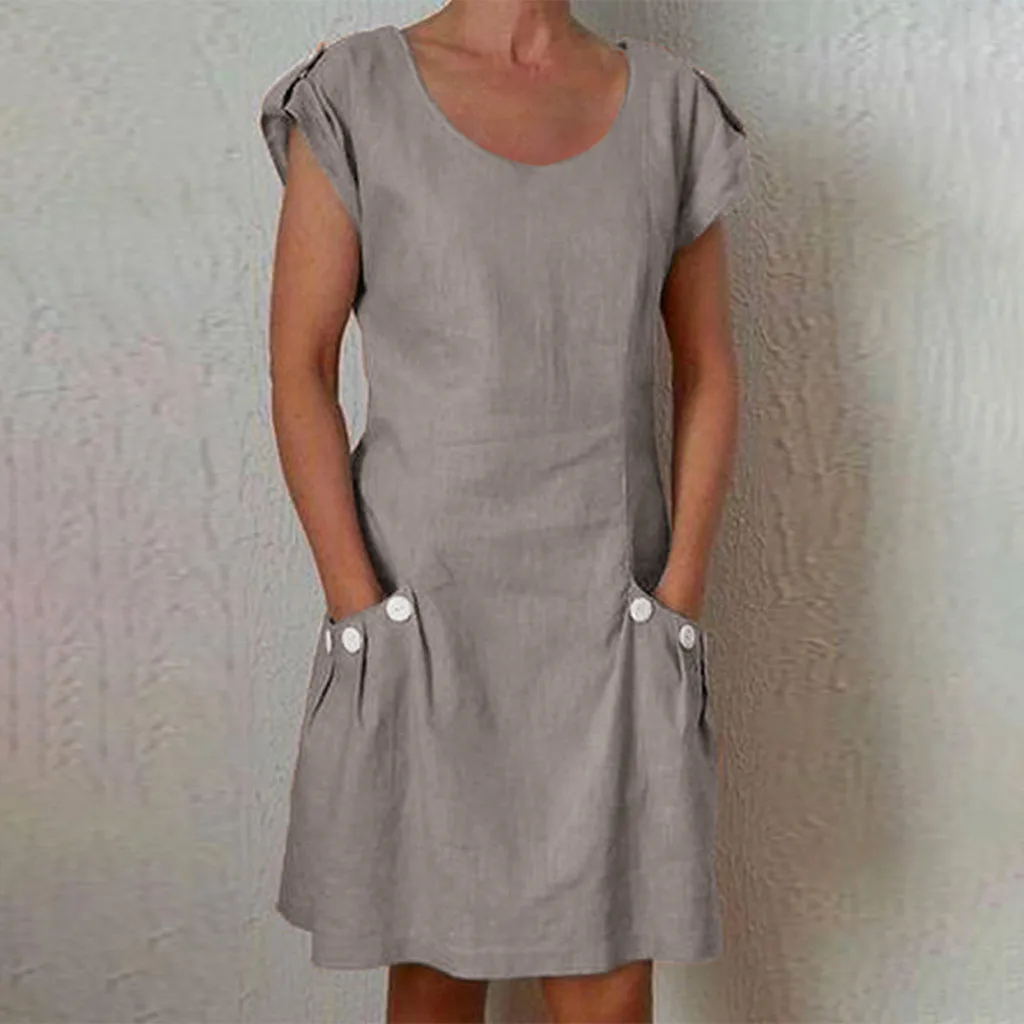 

Summer Dress Women New 2019 Fashion short sleeve Solid Color Dress Ruffled Pockets O-Neck Shift Daily Buttoned-decor Dresses