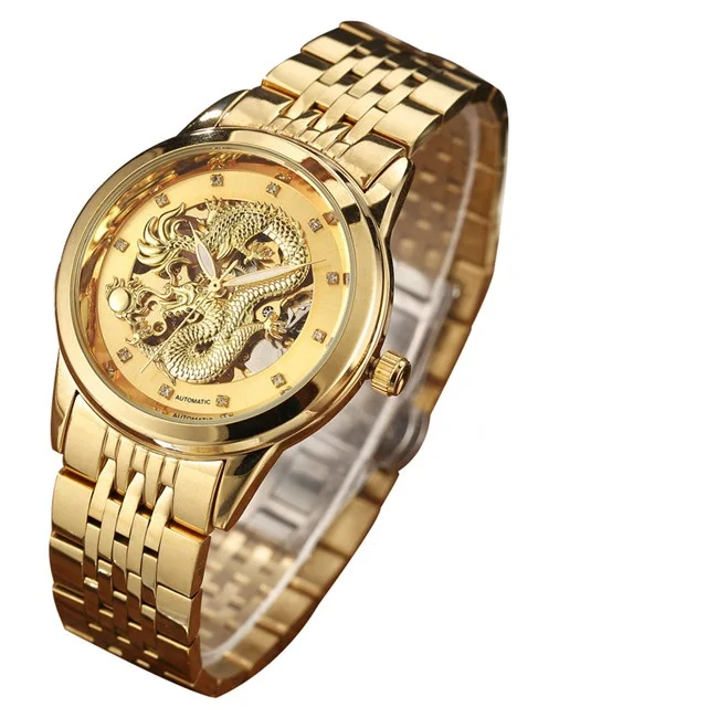 Роскошные Золотые Дракон Скелет автоматические механические часы мужские наручные часы нержавеющая сталь черные часы водонепроницаемые мужские крутые Reloj - Цвет: Mechanical watch 2