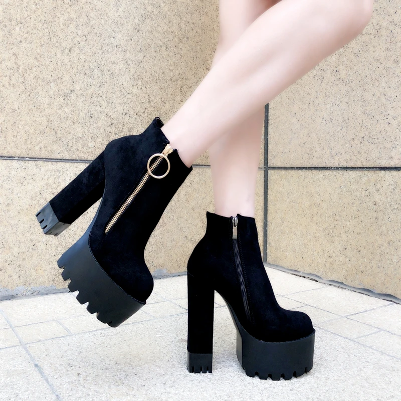 

Round Toe 14cm High Square Heel Women Black Shoes Ankle Boots