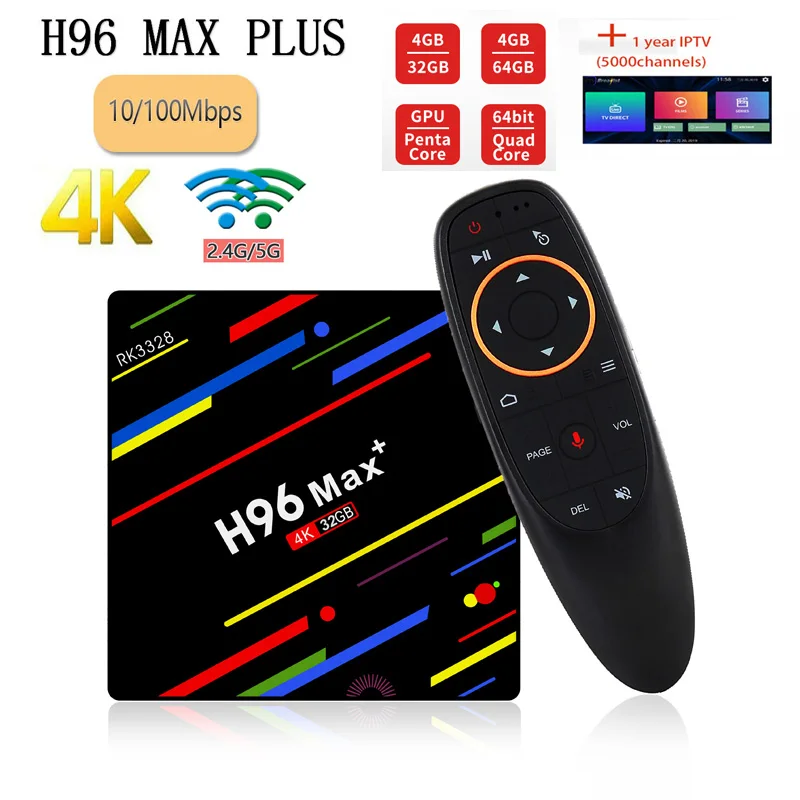 

H96 MAX Plus 4GB RAM 64GB ROM smart tv box Android 9.0 RK3328 4K H.265 3D H96 Max+ Google VOICE CONTROL with 1 year iptv BOX