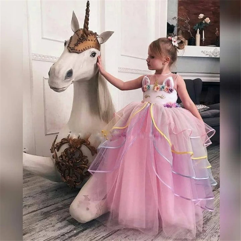 

2019 Princess Party Dress Unicorn Party Girls Dresses Elegant Costume Wedding Dresses Holiday Children Clothing Gift 4-10 years