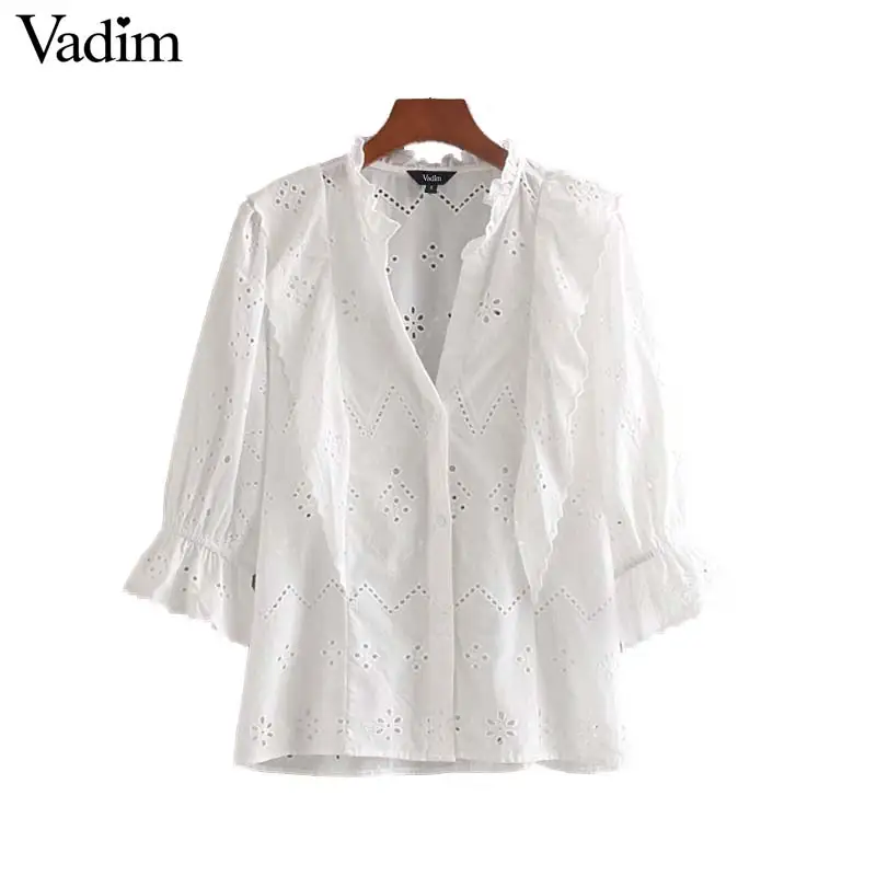 

Vadim women white ruffles embroidery blouse V neck three quarter sleeve female casual solid shirt summer black white tops LB288