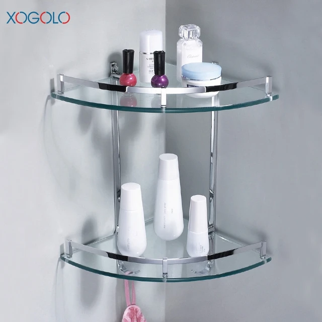 xogolo wholesale and retail copper chrome plated double tier bathroom glass corner shelf with hooks bathroom - Glass Corner Shelves xogolo wholesale and retail copper chrome plated double tier bathroom glass corner shelf with hooks bathroom - Glass Corner Shelves