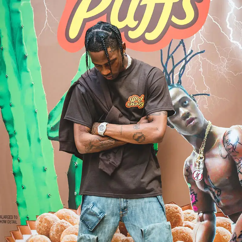 Футболка Travis Scott x R eese's P uffs Enjoy Today, мужская и женская футболка, 1:1, высокое качество, летняя футболка Футболка Travis Scott x R eese's P uffs Enjoy Today, мужская и женская футболка, 1:1, высокое качество, летняя футболка