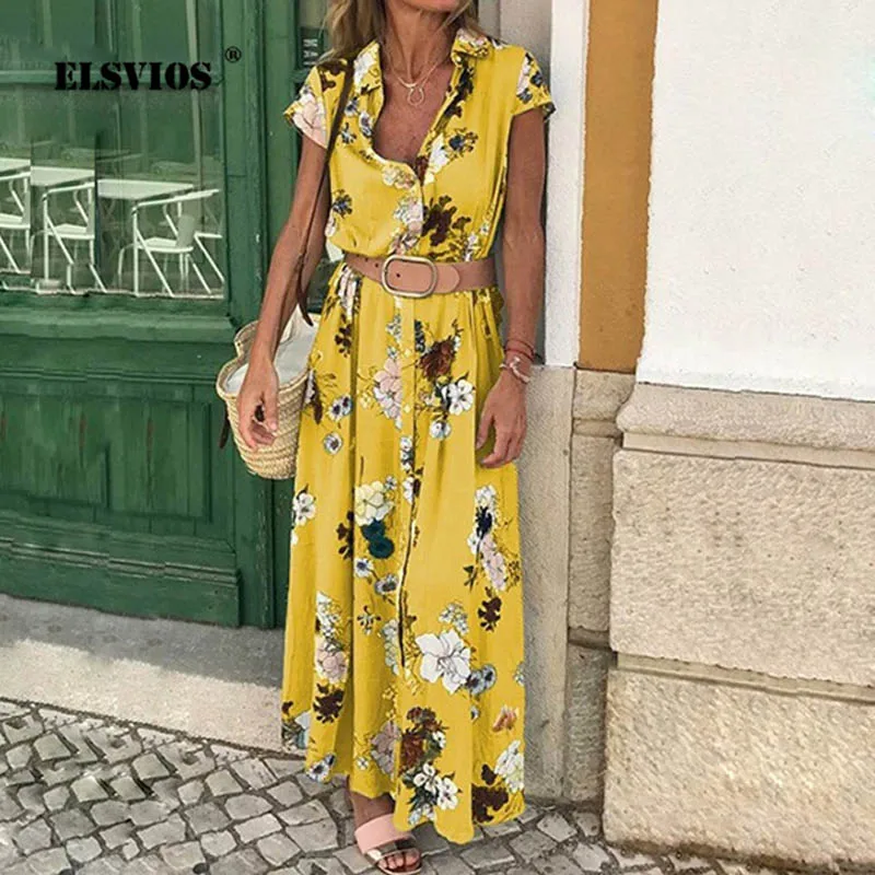 

ELSVIOS Women Floral print Boho Long Maxi Dress trun-down collar Sundress Elegant button Short-sleeved Beach Dresses with belt