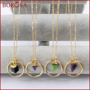

BOROSA 5/10PCS Gold Color Raw Multi-kind Stone Circle Pendants, Mixed Gems Natural Stone Connectors Charms for Necklaces G1498