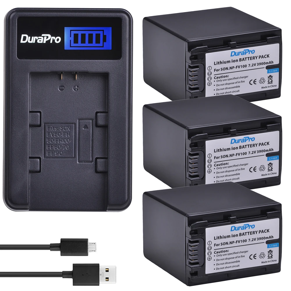 

3PCS NP FV100 NP-FV100 FV100 3900MAH Batteries + LCD USB Charger for Sony NP-FV30 NP-FV50 NP-FV70 SX83E SX63E FDR-AX100E AX100E