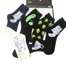 New Women Men Unisex Cute Cotton Sock Lord Alien Cat ET Printing Black White Casual Character Socks EU38-46,US 6.5-12