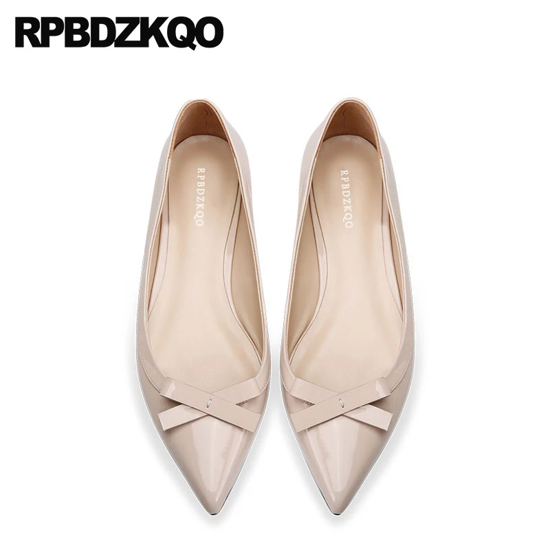 

bow genuine leather nude china ladies women flats shoes with little cute bowtie pointed toe custom designer patent work slip on