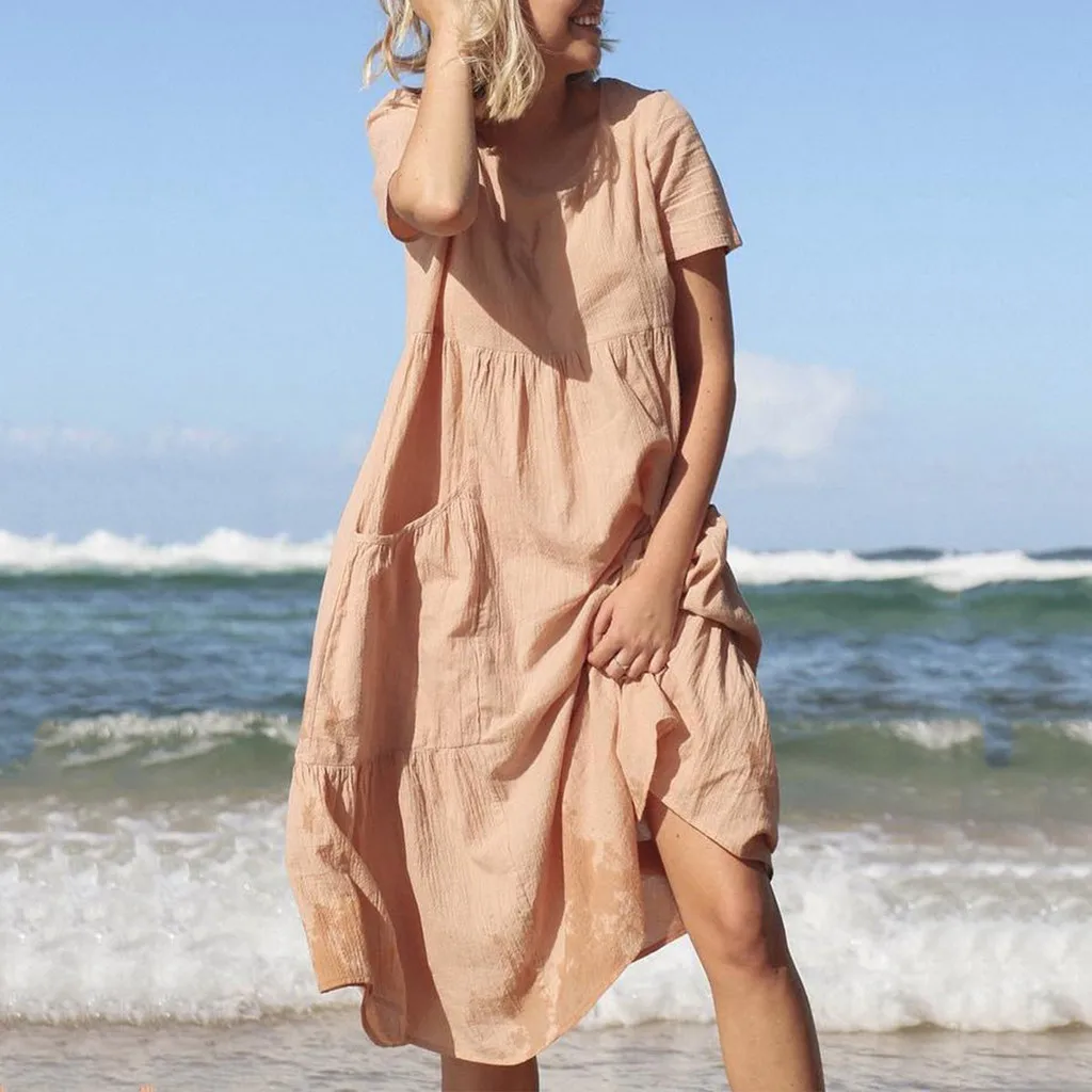 Женское летнее платье, женское модное однотонное платье с круглым вырезом, коротким рукавом и карманами, хлопковое льняное свободное пляжное Повседневное платье Y606