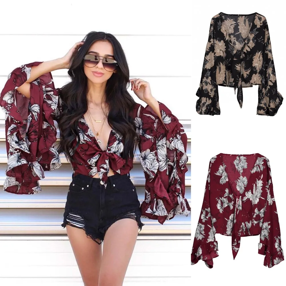 

New Fashion Summer Spring Crop Top Printed Sexy Deep V Neck Tie a Knot Bralette Short T Shirt Women Flare Sleeve Loose Tops