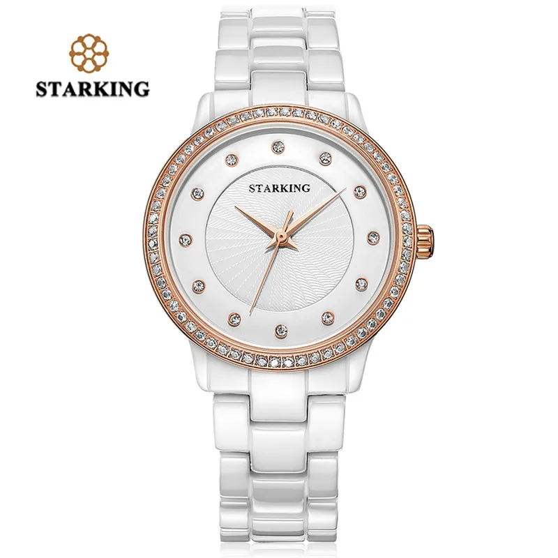 

STARKING Creative Women Watch Quartz Ceramic Wristwatches Ladies Bracelet Dress Watches Geneva White Rose Gold Rhinestone Clock