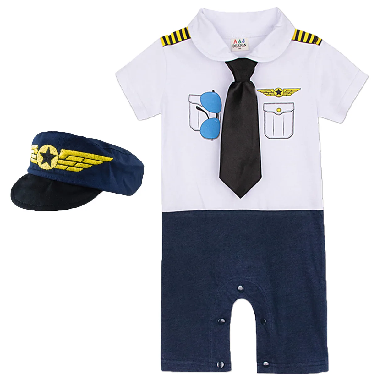 

Baby Boy Pilot Romper Newborn Cosplay Aviator with Tie Hat Toddler Cotton Print Jumpsuit Infant Birthday Party Gift Playsuit