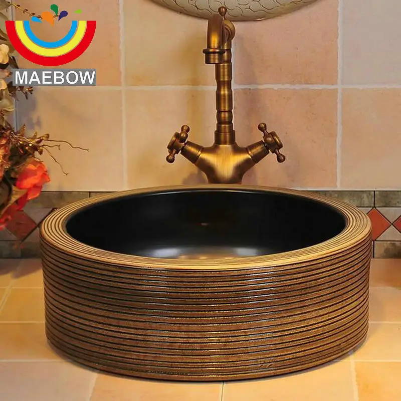 

Artistic Porcelain Vintage Style Handmade Engraved Lines Ceramic Lavabo Wash Basin Bathroom Sink
