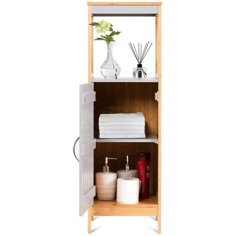 

Bathroom Floor Cabinet Freestanding Single Door Bamboo 3-Tier Storage Modern Concise Design Storage Cabinet for Bathroom HW60392