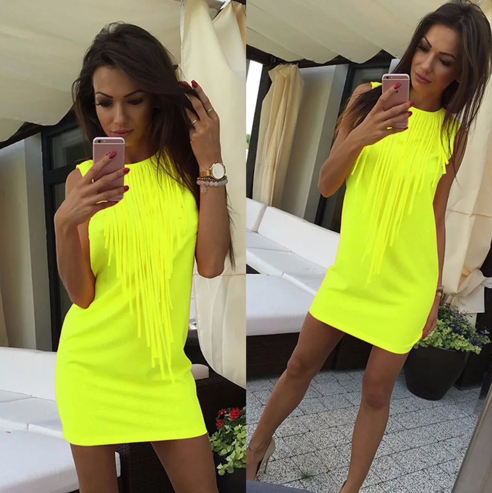 Woman Fluorescent color Tassel dress lady bodycon party dress