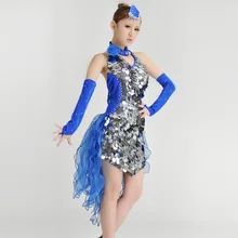 new women fashion Tuxedo Latin dance dress customize white/blue girl tassel sequins Rumba Samba tango dance performance clothing