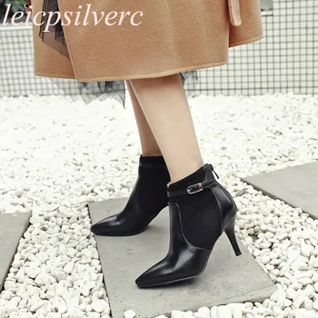 

Women Boots Autumn Winter High Heel Warm Pu Pointed Toe Ankle Zip Buckle Chelsea Shoes 2018 Sexy Fashion Casual Black Red Green