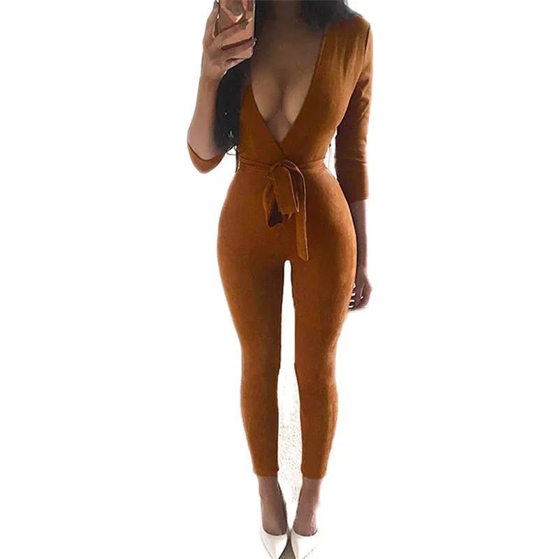 

Autumn Sexy Women fashion new clothing solid bandage Bodycon Jumpsuits three quarter sleeve deep v-neck Jumpsuit Romper Trousers