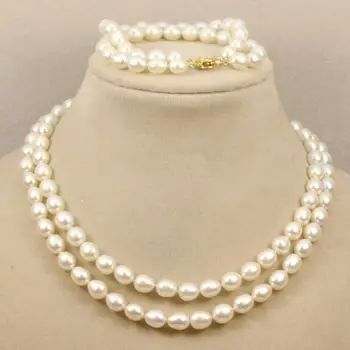 

2 row 8-9mm genuine white fresh water oval pearl necklace bracelets 18inch